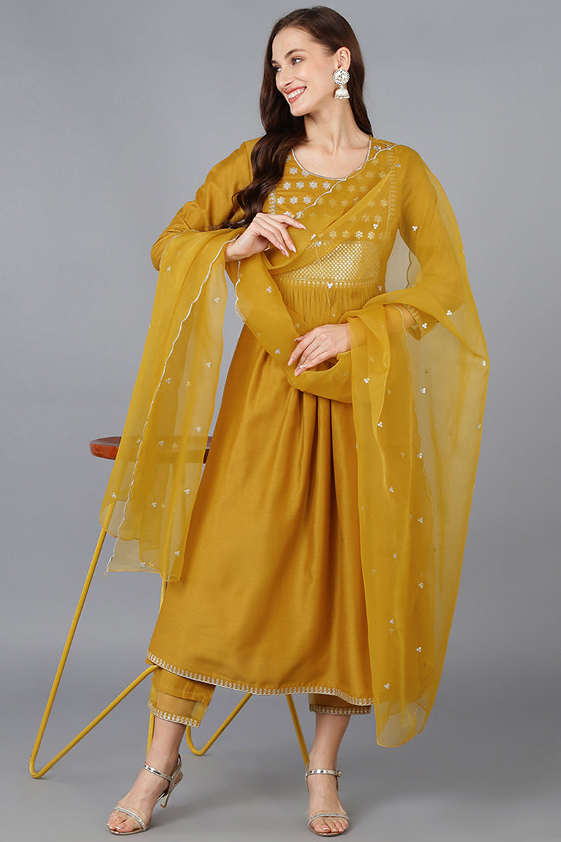 Mustard Silk Blend Solid A-Line Kurta Trousers With Dupatta 