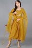 Mustard Silk Blend Solid A-Line Kurta Trousers With Dupatta 