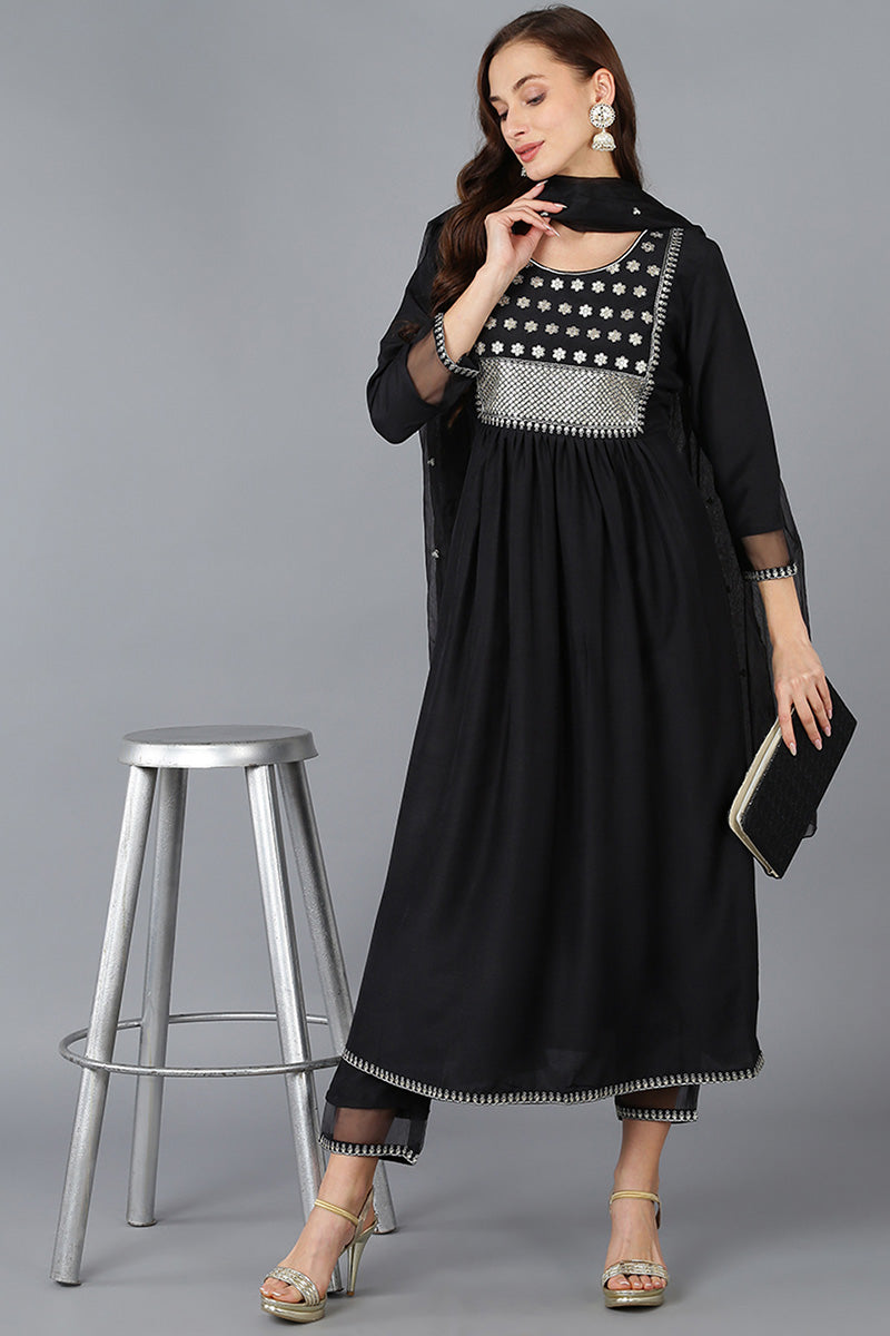 Black Silk Blend Solid A-Line Kurta Trousers With Dupatta 