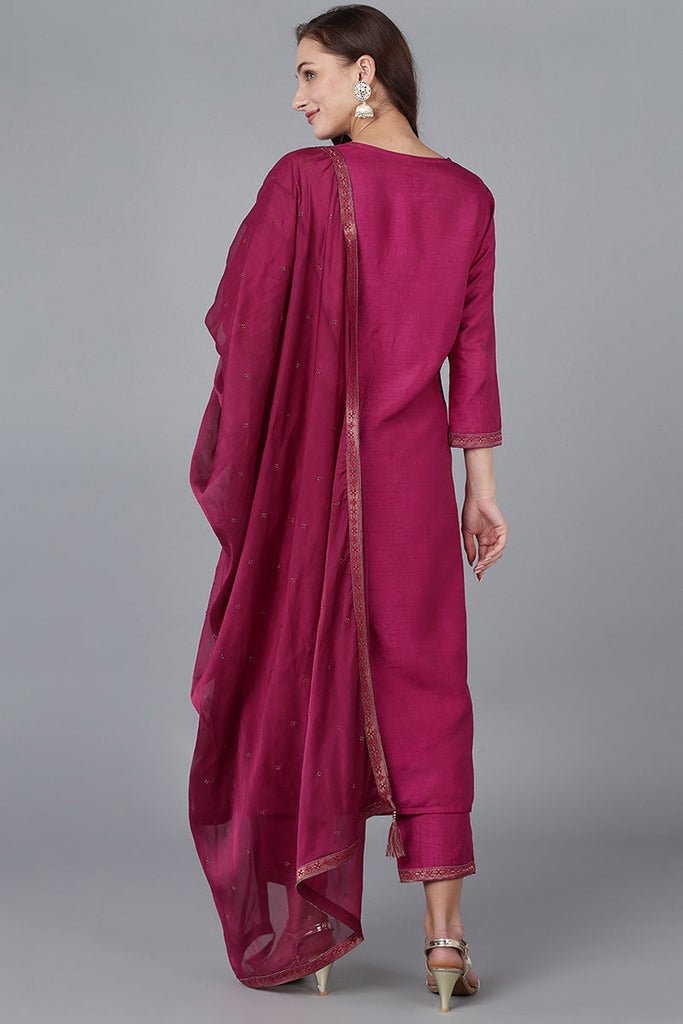 Red Viscose Rayon Solid Straight Kurta Trousers With Dupatta 