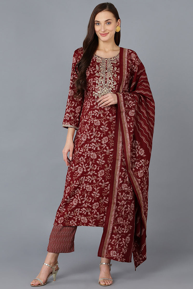 Maroon Silk Blend Floral Straight Kurta Trousers With Dupatta 