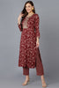 Maroon Silk Blend Floral Straight Kurta Trousers With Dupatta 