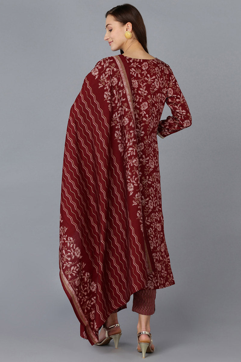 Maroon Silk Blend Floral Straight Kurta Trousers With Dupatta 