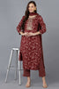 Maroon Silk Blend Floral Straight Kurta Trousers With Dupatta 