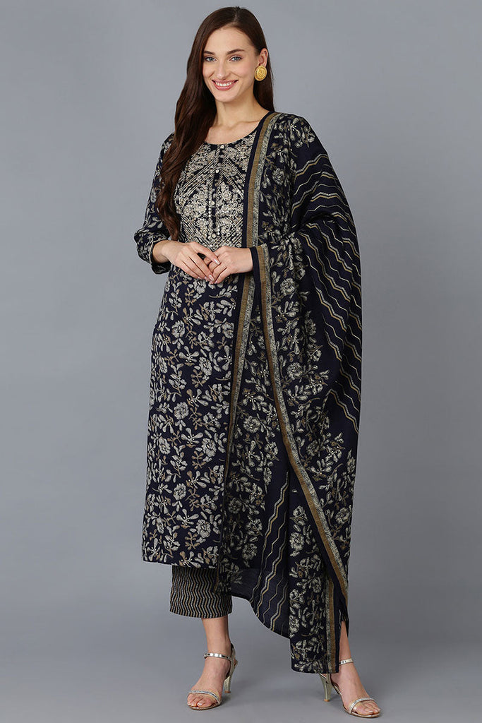 Black Silk Blend Floral Straight Kurta Trousers With Dupatta 