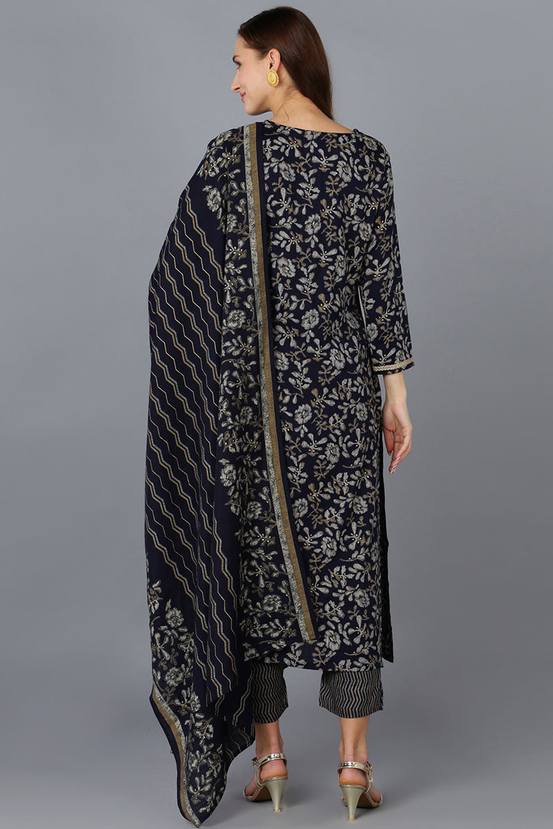 Black Silk Blend Floral Straight Kurta Trousers With Dupatta 