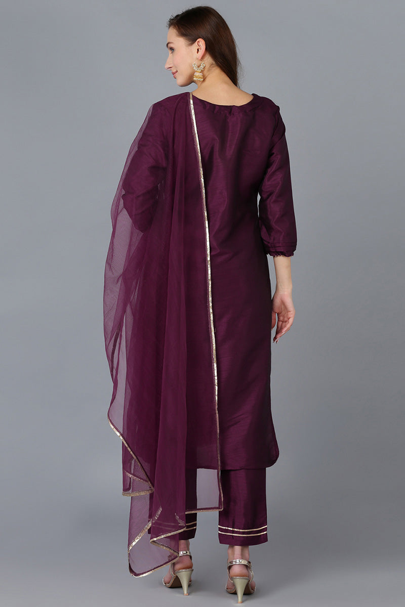 Magenta Silk Blend Solid Straight Kurta Trousers With Dupatta 