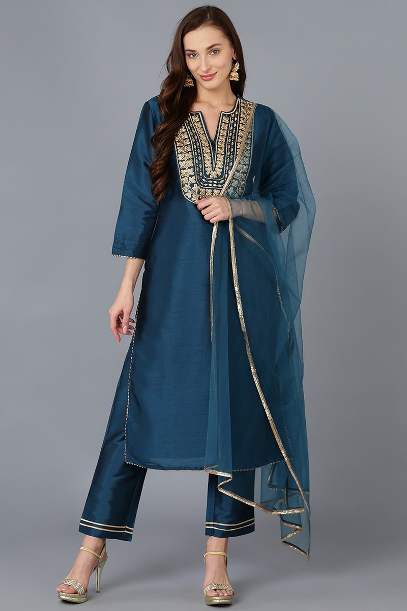 Teal Silk Blend Solid Straight Kurta Trousers With Dupatta 