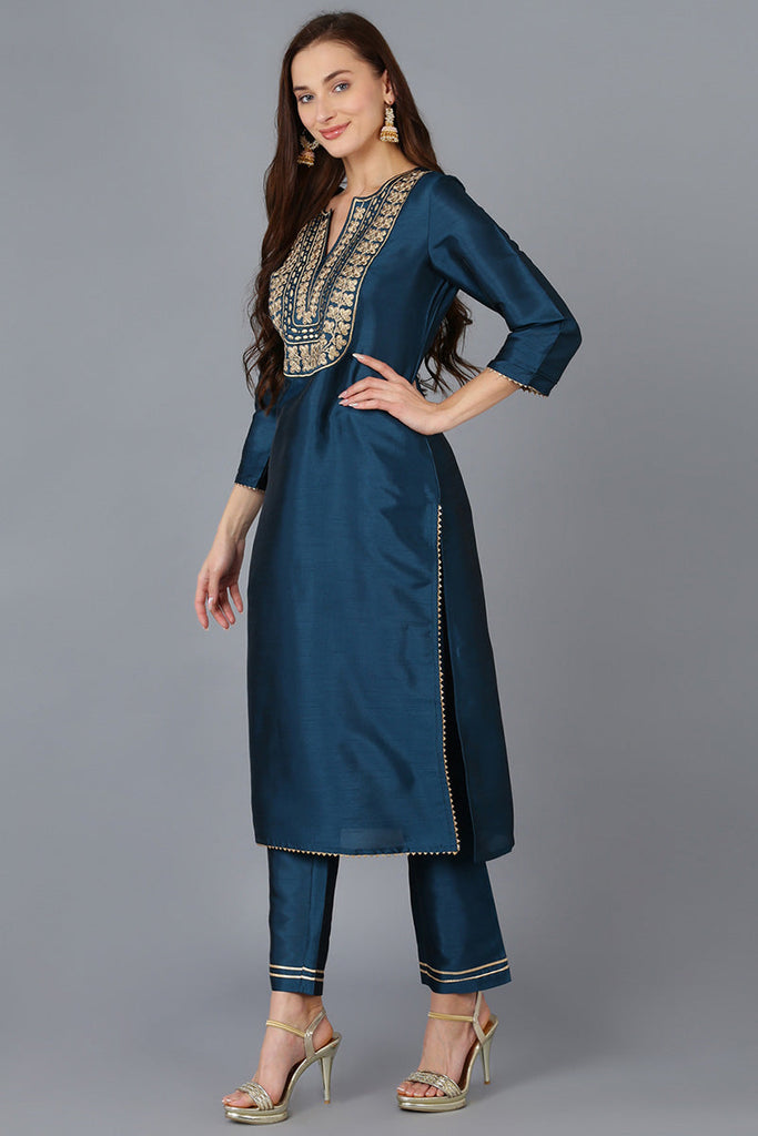 Teal Silk Blend Solid Straight Kurta Trousers With Dupatta 