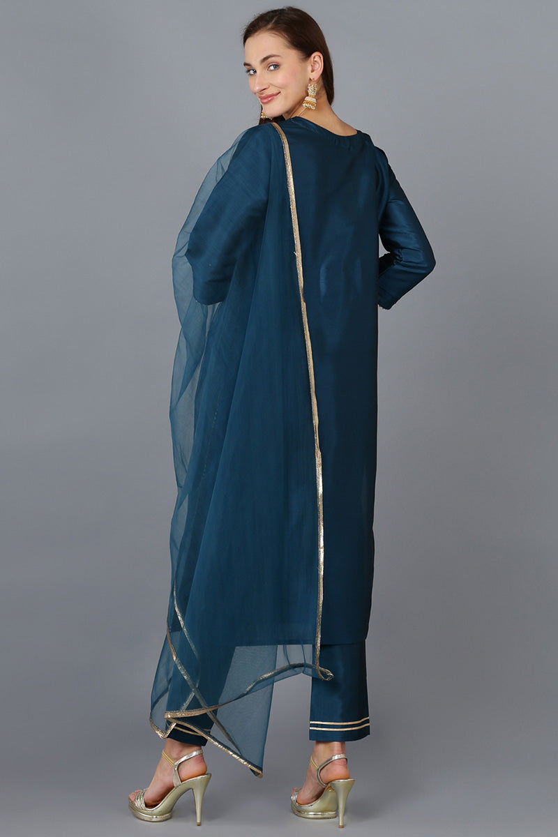 Teal Silk Blend Solid Straight Kurta Trousers With Dupatta 