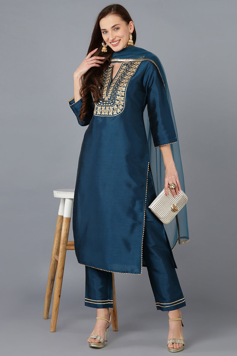 Teal Silk Blend Solid Straight Kurta Trousers With Dupatta 