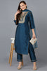 Teal Silk Blend Solid Straight Kurta Trousers With Dupatta 