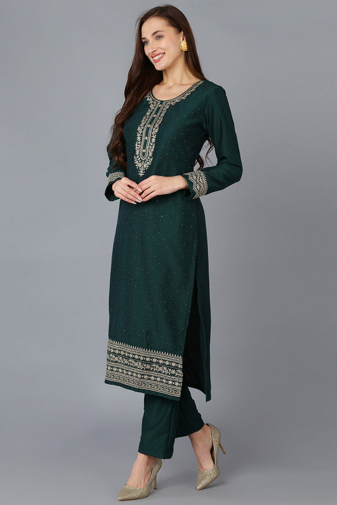 Green Silk Blend Solid Straight Kurta Trousers With Dupatta 