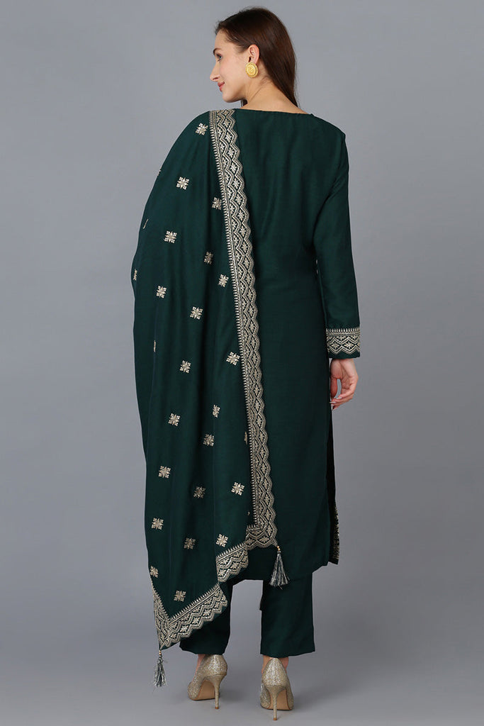 Green Silk Blend Solid Straight Kurta Trousers With Dupatta 