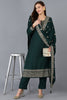 Green Silk Blend Solid Straight Kurta Trousers With Dupatta 