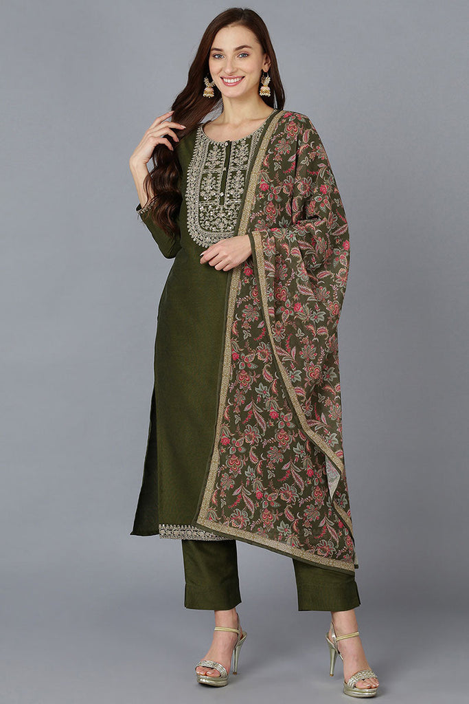 Olive Silk Blend Solid Straight Kurta Trousers With Dupatta 