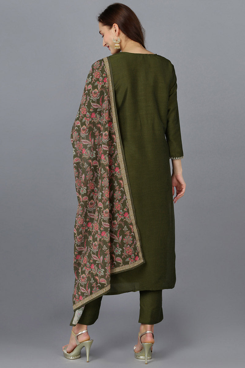 Olive Silk Blend Solid Straight Kurta Trousers With Dupatta 