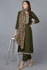 Olive Silk Blend Solid Straight Kurta Trousers With Dupatta 