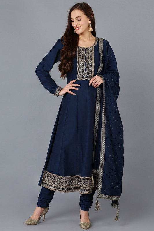 Navy Blue Silk Blend Solid A-Line Kurta Trousers With Dupatta 