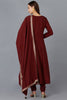 Maroon Silk Blend Solid A-Line Kurta Trousers With Dupatta 