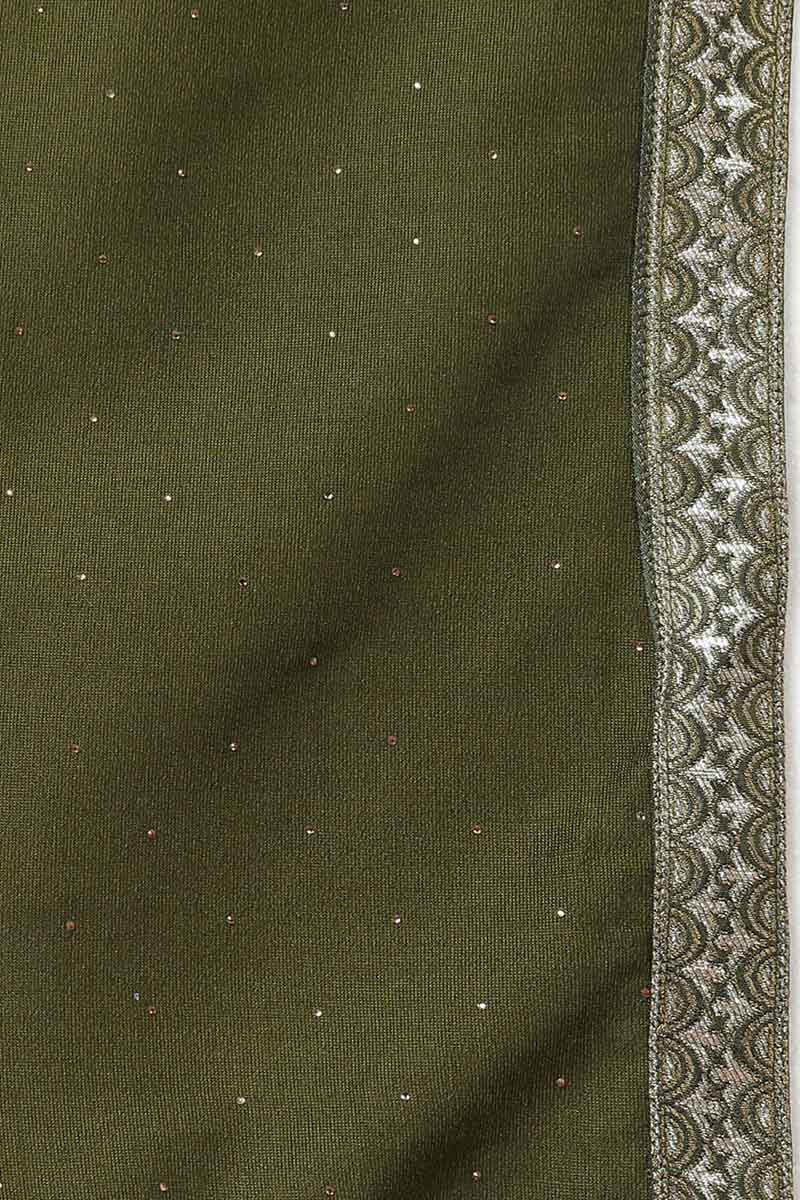 Olive Silk Blend Solid A-Line Kurta Trousers With Dupatta 