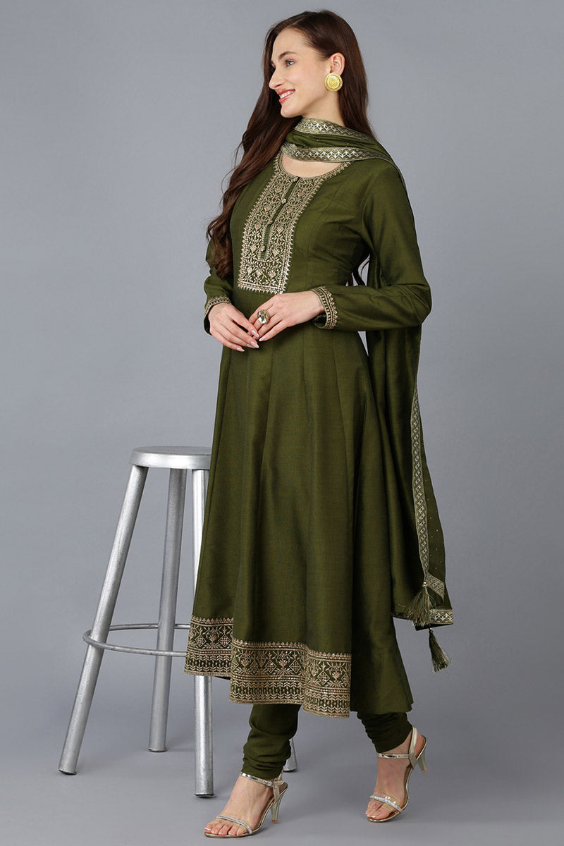 Olive Silk Blend Solid A-Line Kurta Trousers With Dupatta 