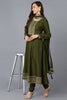 Olive Silk Blend Solid A-Line Kurta Trousers With Dupatta 