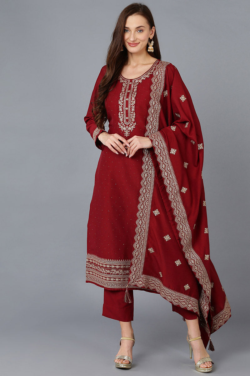 Maroon Silk Blend Solid Straight Kurta Trousers With Dupatta 