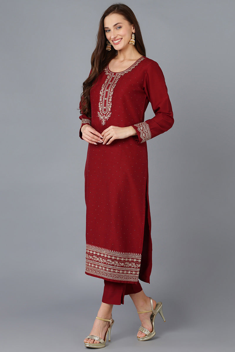 Maroon Silk Blend Solid Straight Kurta Trousers With Dupatta 