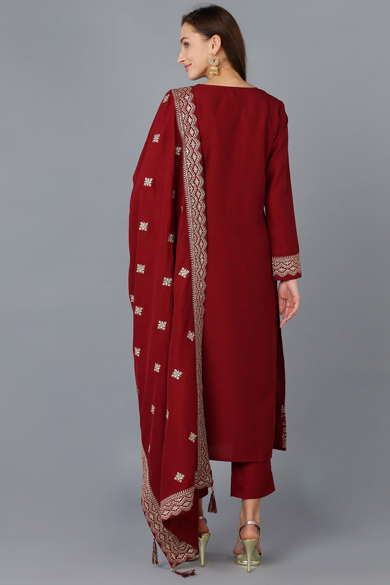 Maroon Silk Blend Solid Straight Kurta Trousers With Dupatta 