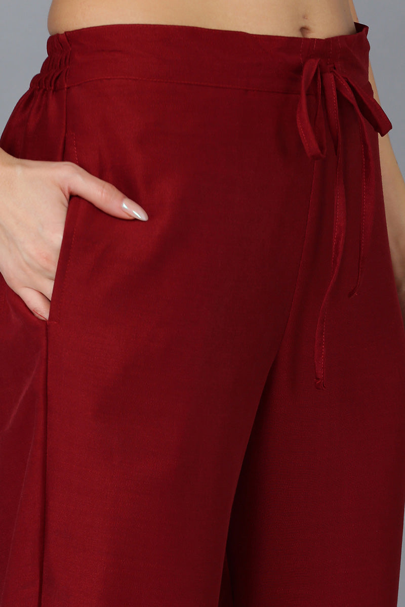 Maroon Silk Blend Solid Straight Kurta Trousers With Dupatta 