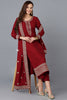 Maroon Silk Blend Solid Straight Kurta Trousers With Dupatta 