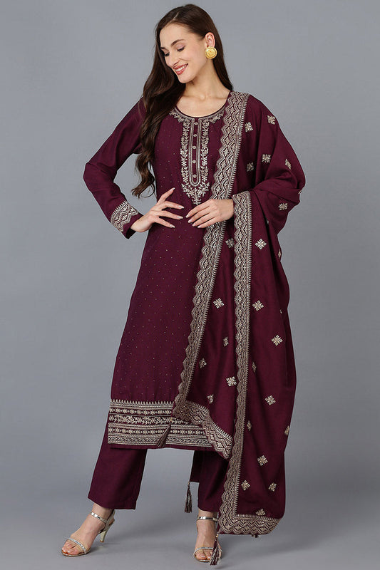 Burgundy Silk Blend Solid Straight Kurta Trousers With Dupatta 