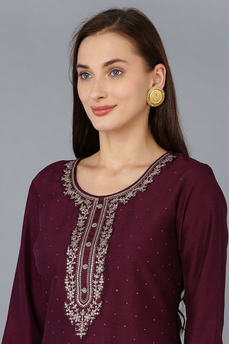 Burgundy Silk Blend Solid Straight Kurta Trousers With Dupatta 