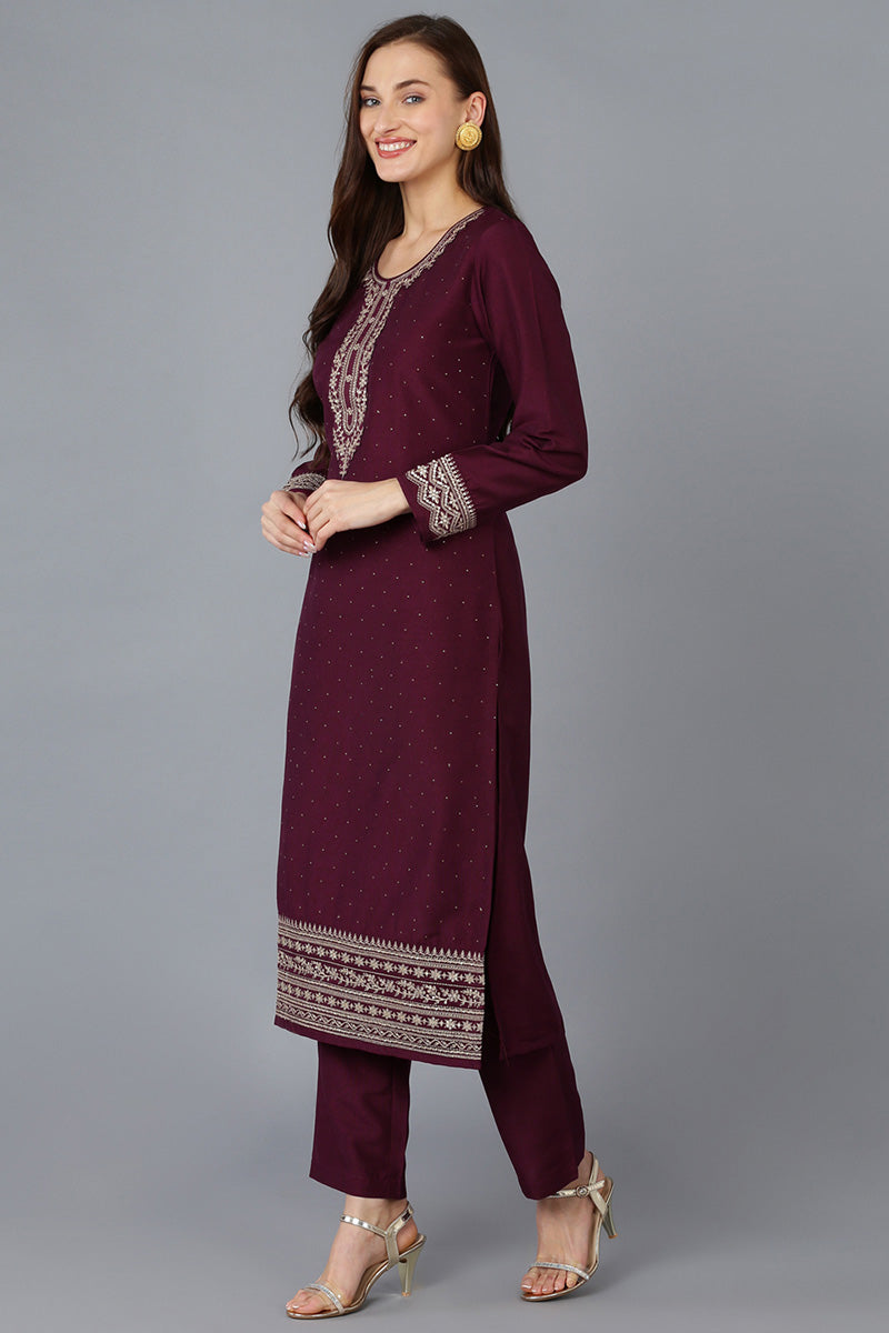 Burgundy Silk Blend Solid Straight Kurta Trousers With Dupatta 