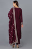 Burgundy Silk Blend Solid Straight Kurta Trousers With Dupatta 