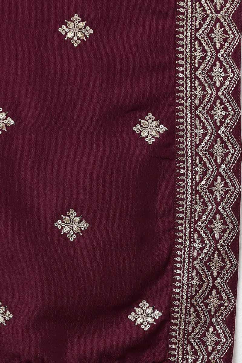 Burgundy Silk Blend Solid Straight Kurta Trousers With Dupatta 