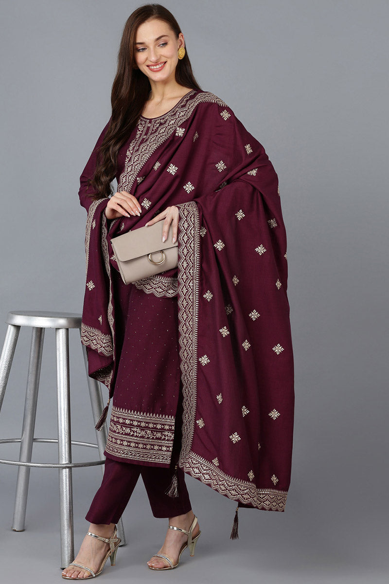 Burgundy Silk Blend Solid Straight Kurta Trousers With Dupatta 