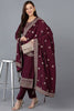 Burgundy Silk Blend Solid Straight Kurta Trousers With Dupatta 