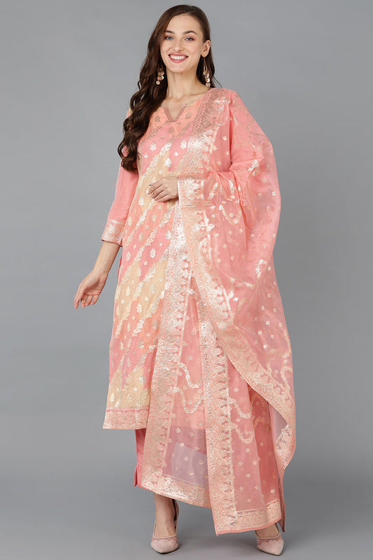 Pink Poly Chanderi Woven Design Kurta Pant With Dupatta