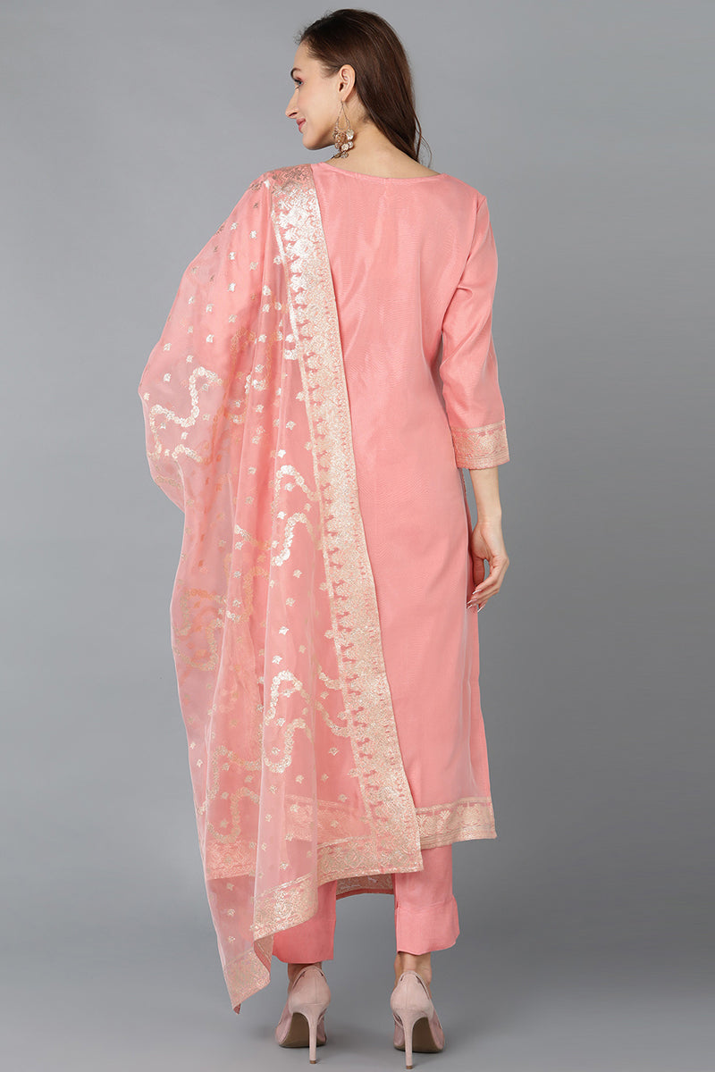 Pink Poly Chanderi Woven Design Kurta Pant With Dupatta