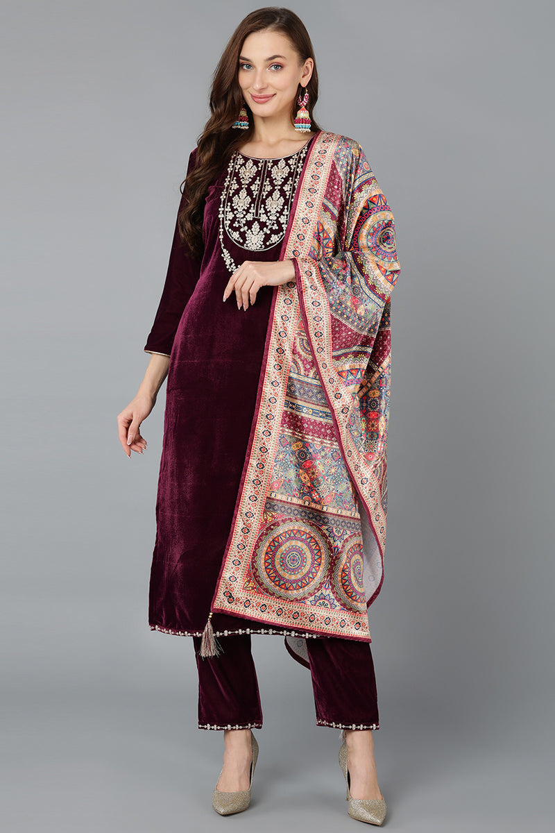 Burgundy Velvet Straight Kurta Pant With Dupatta PKSKD1766