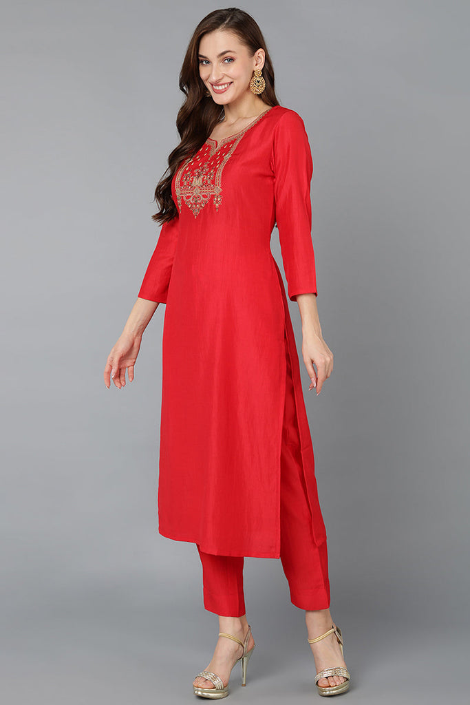 Silk Blend Red Embroidered Straight Kurta Pant With Dupatta PKSKD1769