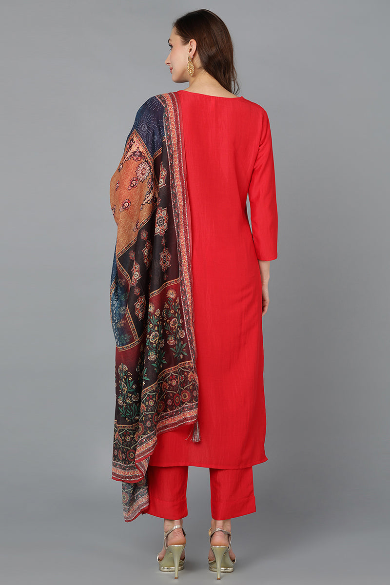 Silk Blend Red Embroidered Straight Kurta Pant With Dupatta PKSKD1769