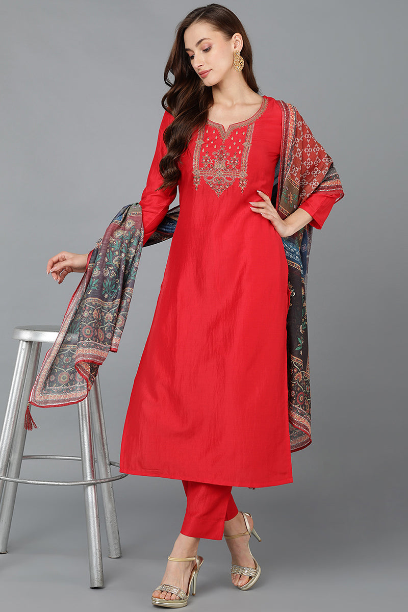 Silk Blend Red Embroidered Straight Kurta Pant With Dupatta PKSKD1769