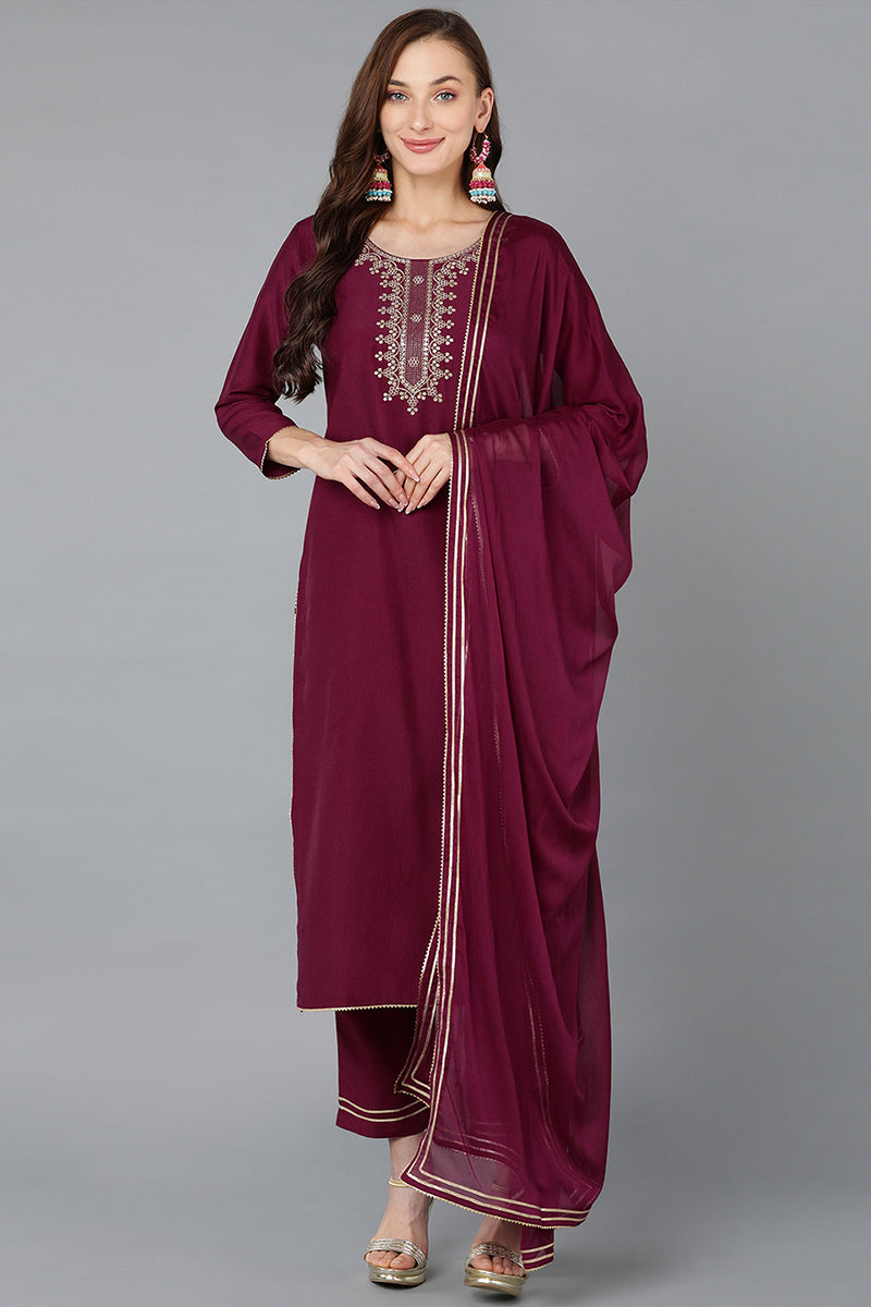 Silk Blend Burgundy Embroidered Straight Kurta Pant With Dupatta PKSKD1771