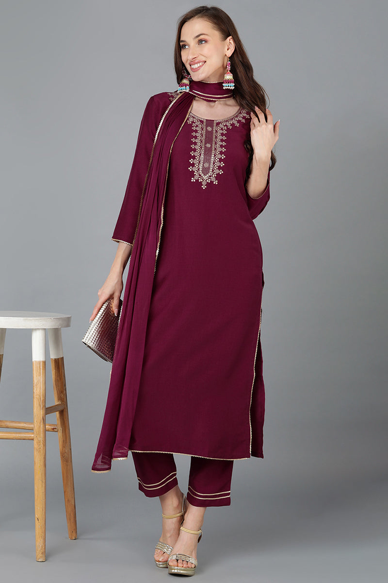 Silk Blend Burgundy Embroidered Straight Kurta Pant With Dupatta PKSKD1771