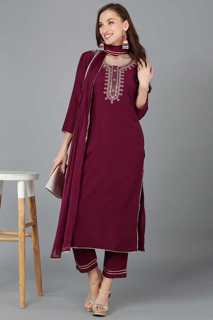 Silk Blend Burgundy Embroidered Straight Kurta Pant With Dupatta PKSKD1771