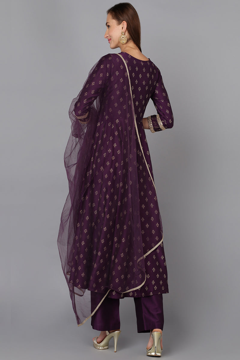 Purple Silk Blend Anarkali Kurta Pant With Dupatta PKSKD1773