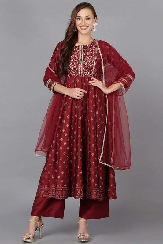 Maroon Silk Blend Anarkali Kurta Pant With Dupatta PKSKD1774